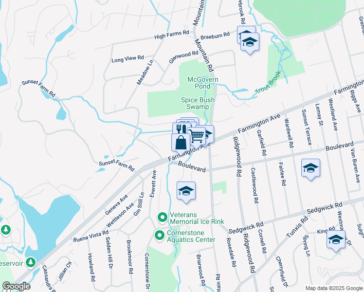 map of restaurants, bars, coffee shops, grocery stores, and more near 1240 Farmington Avenue in West Hartford