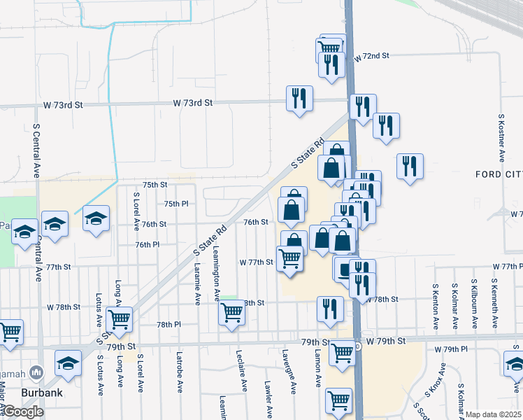 map of restaurants, bars, coffee shops, grocery stores, and more near 5009 Briartree Lane in Burbank
