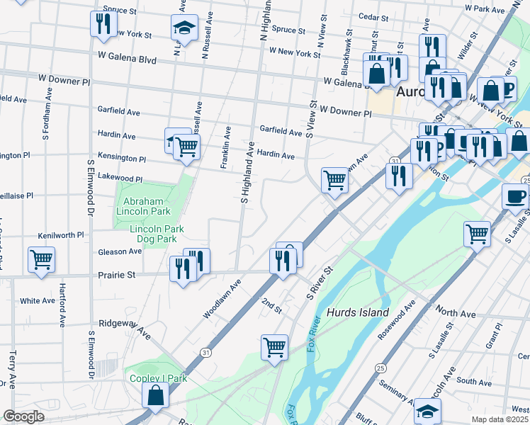 map of restaurants, bars, coffee shops, grocery stores, and more near Marshall Avenue in Aurora