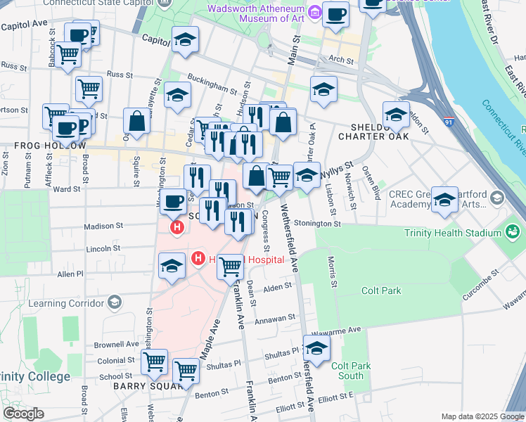 map of restaurants, bars, coffee shops, grocery stores, and more near 1 Main Street in Hartford