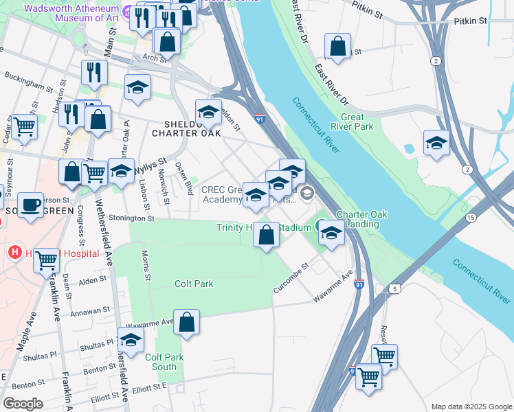map of restaurants, bars, coffee shops, grocery stores, and more near 65 Van Block Avenue in Hartford