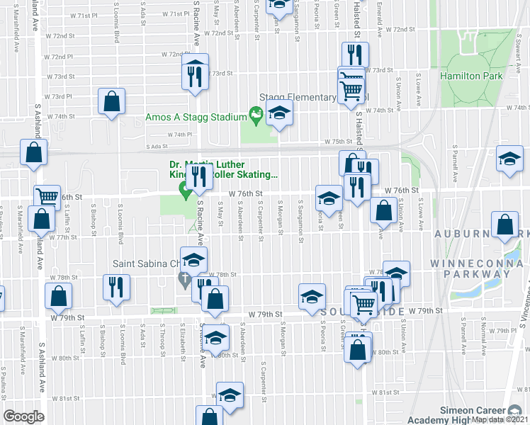 map of restaurants, bars, coffee shops, grocery stores, and more near 7627 South Carpenter Street in Chicago