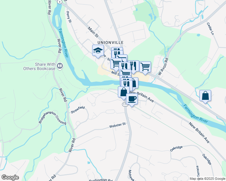 map of restaurants, bars, coffee shops, grocery stores, and more near 9 Hunters Ridge in Farmington