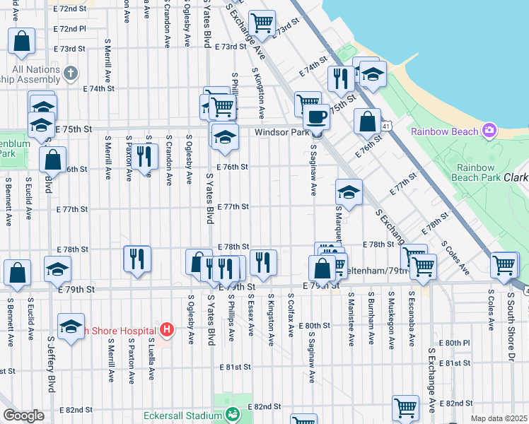 map of restaurants, bars, coffee shops, grocery stores, and more near 2536 East 77th Street in Chicago