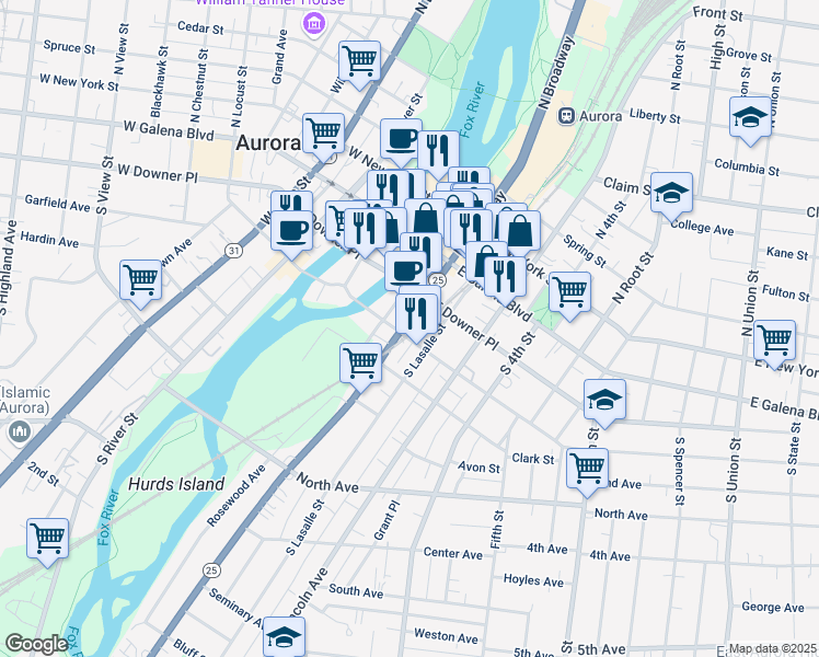 map of restaurants, bars, coffee shops, grocery stores, and more near 60 South Broadway in Aurora