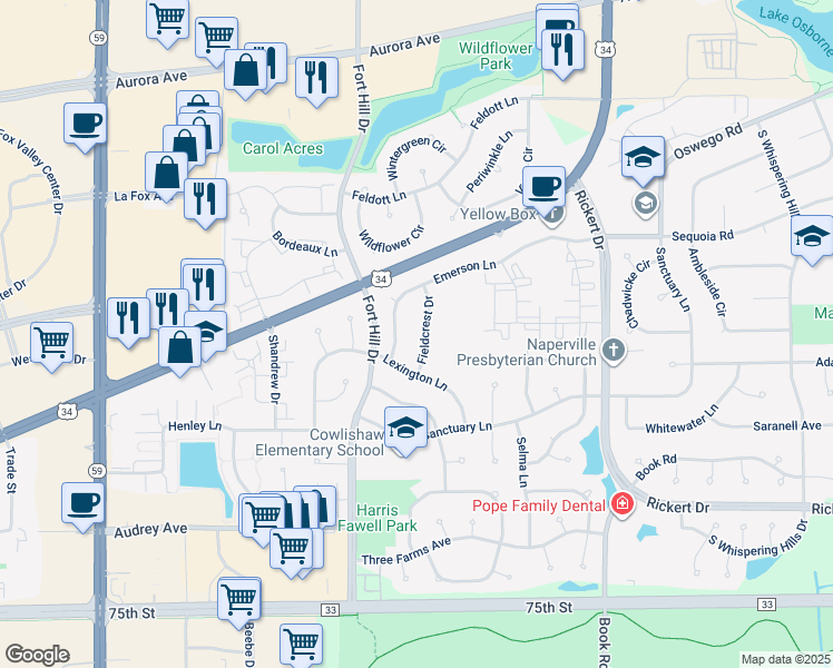 map of restaurants, bars, coffee shops, grocery stores, and more near 823 Fieldcrest Drive in Naperville