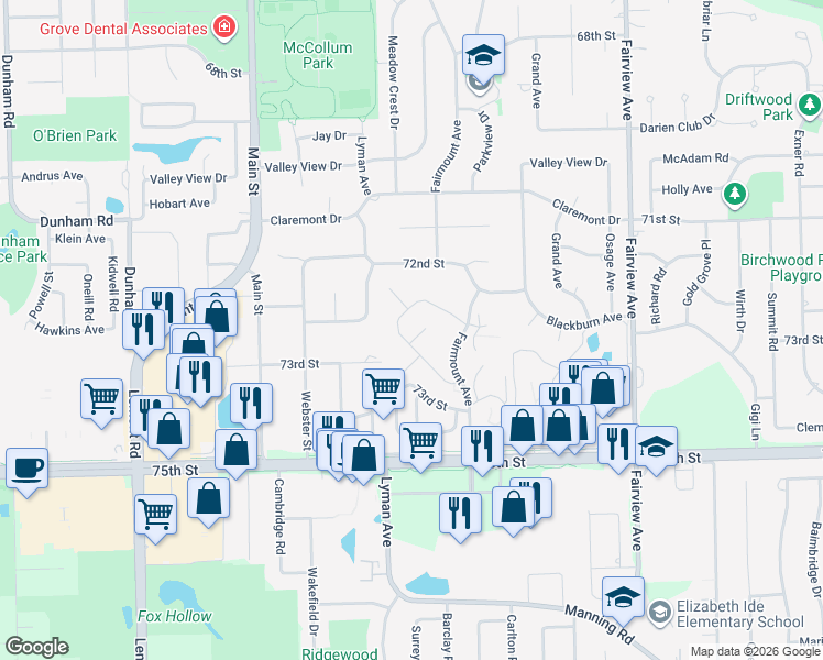 map of restaurants, bars, coffee shops, grocery stores, and more near 10 Tower Court in Downers Grove