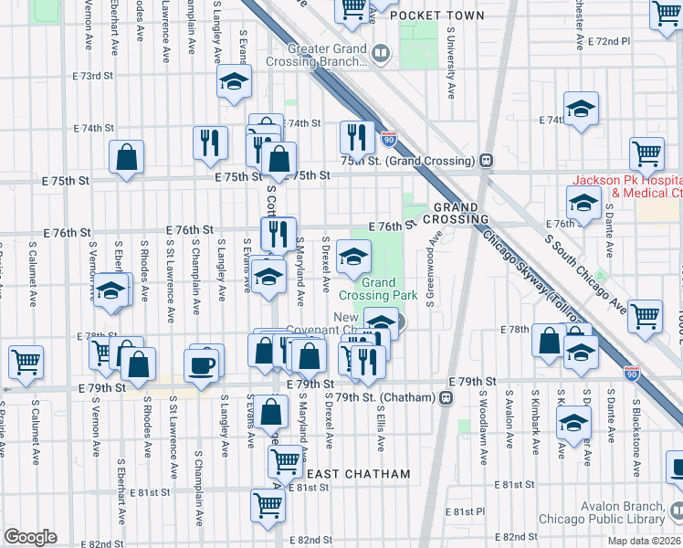 map of restaurants, bars, coffee shops, grocery stores, and more near 7648 South Ingleside Avenue in Chicago