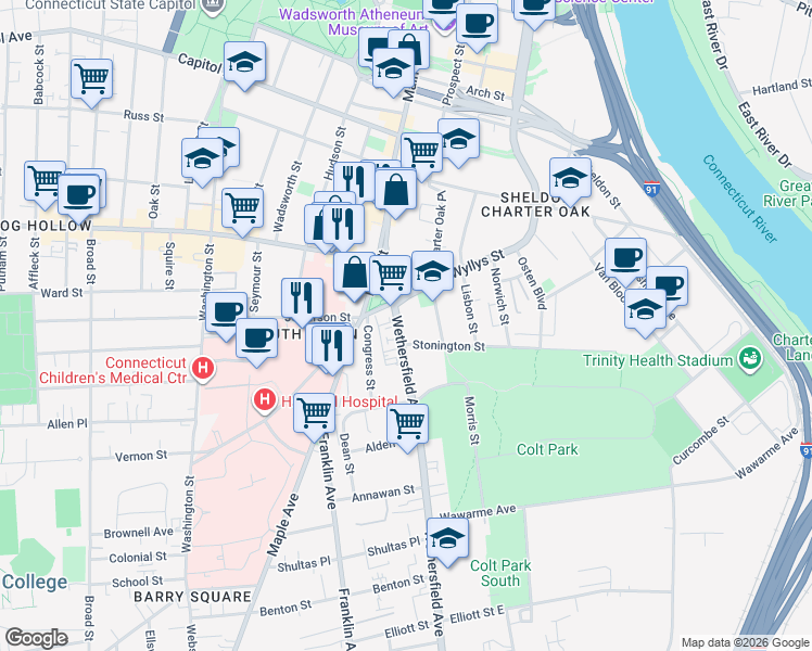 map of restaurants, bars, coffee shops, grocery stores, and more near 26 Wethersfield Avenue in Hartford