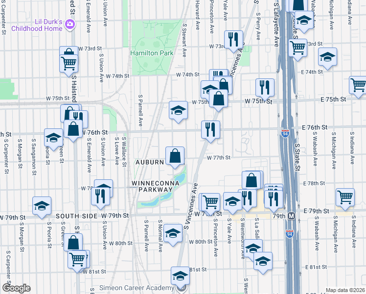 map of restaurants, bars, coffee shops, grocery stores, and more near 7620 South Stewart Avenue in Chicago