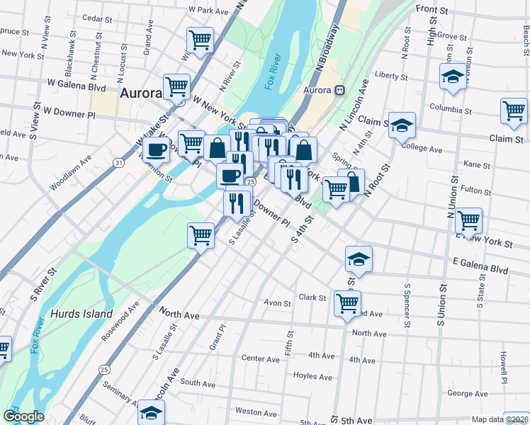 map of restaurants, bars, coffee shops, grocery stores, and more near 235 East Downer Place in Aurora