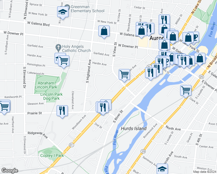 map of restaurants, bars, coffee shops, grocery stores, and more near 339 Woodlawn Avenue in Aurora