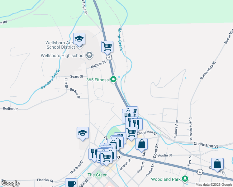 map of restaurants, bars, coffee shops, grocery stores, and more near 275 Tioga Street in Wellsboro