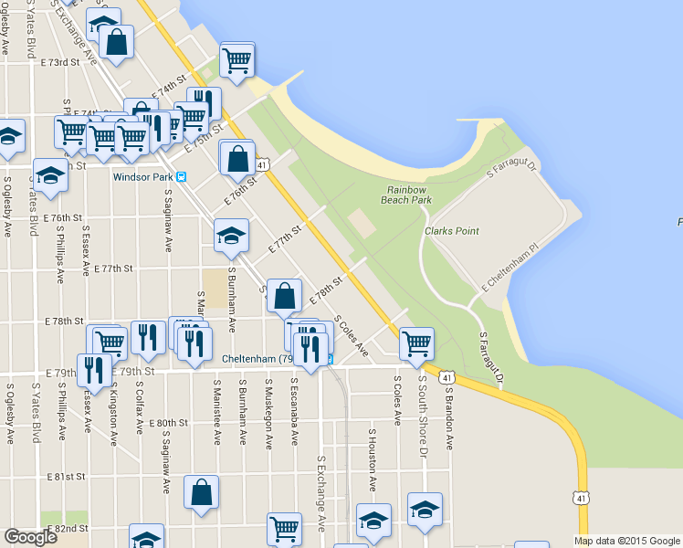map of restaurants, bars, coffee shops, grocery stores, and more near 7770 South South Shore Drive in Chicago