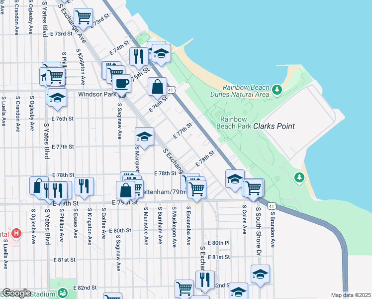 map of restaurants, bars, coffee shops, grocery stores, and more near 7720 South Coles Avenue in Chicago