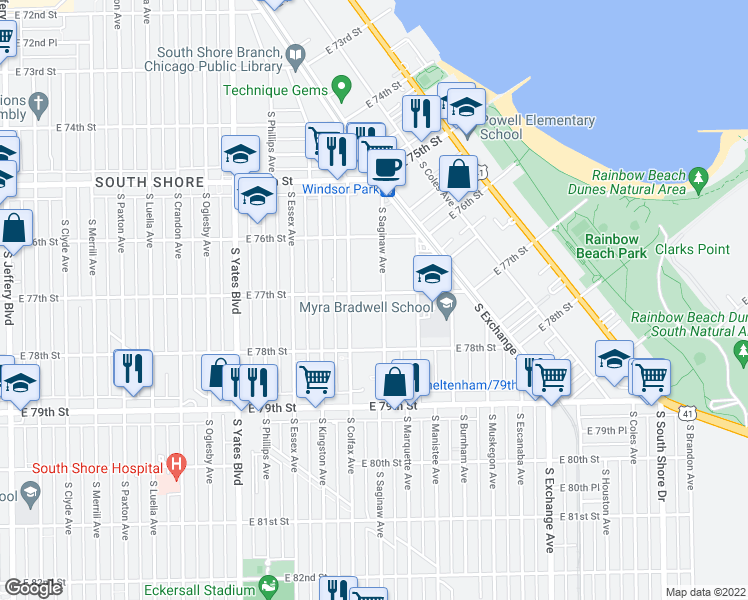 map of restaurants, bars, coffee shops, grocery stores, and more near 2608 East 77th Street in Chicago