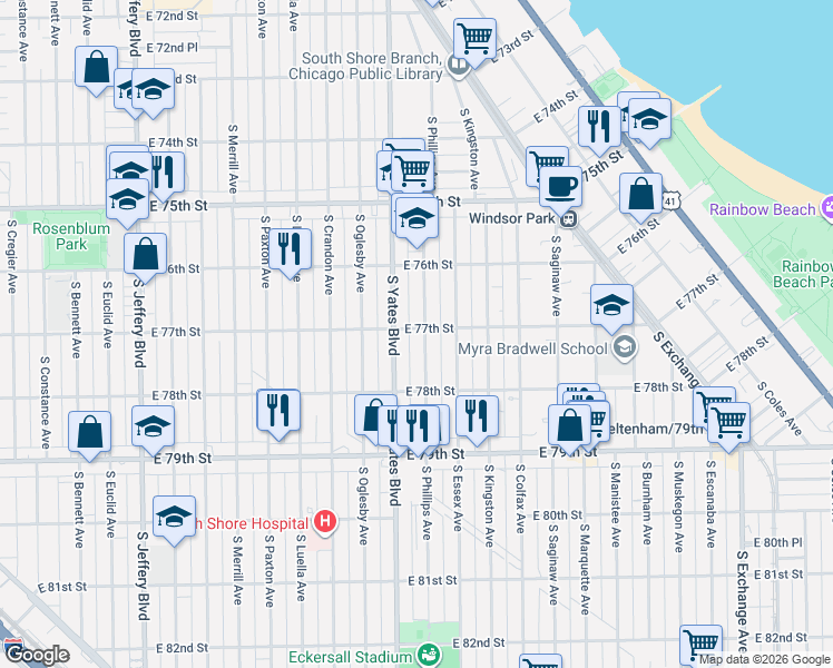 map of restaurants, bars, coffee shops, grocery stores, and more near 2418 East 77th Street in Chicago