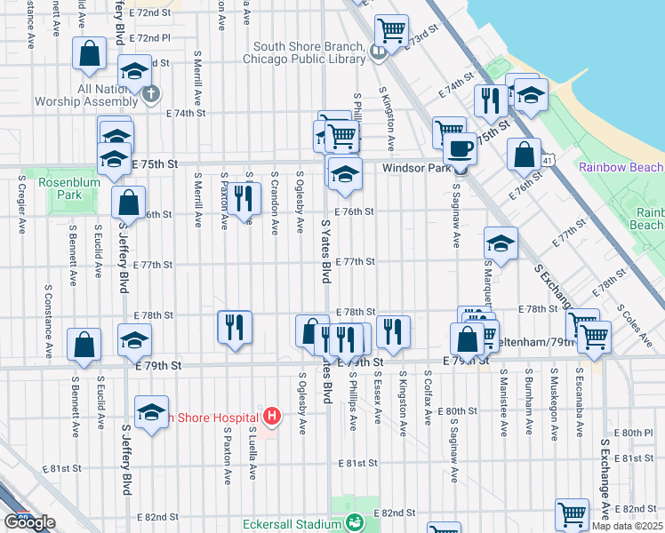 map of restaurants, bars, coffee shops, grocery stores, and more near 2418 East 77th Street in Chicago