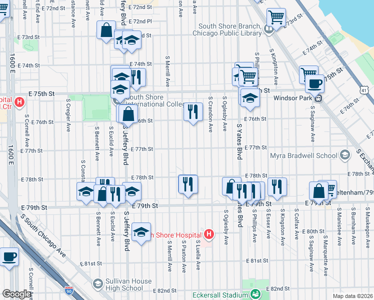 map of restaurants, bars, coffee shops, grocery stores, and more near 7654 South Paxton Avenue in Chicago