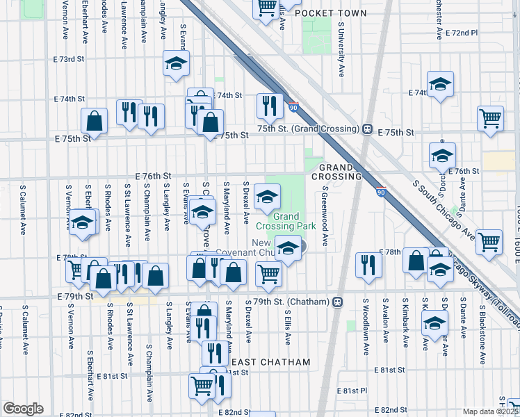 map of restaurants, bars, coffee shops, grocery stores, and more near 7648 South Ingleside Avenue in Chicago