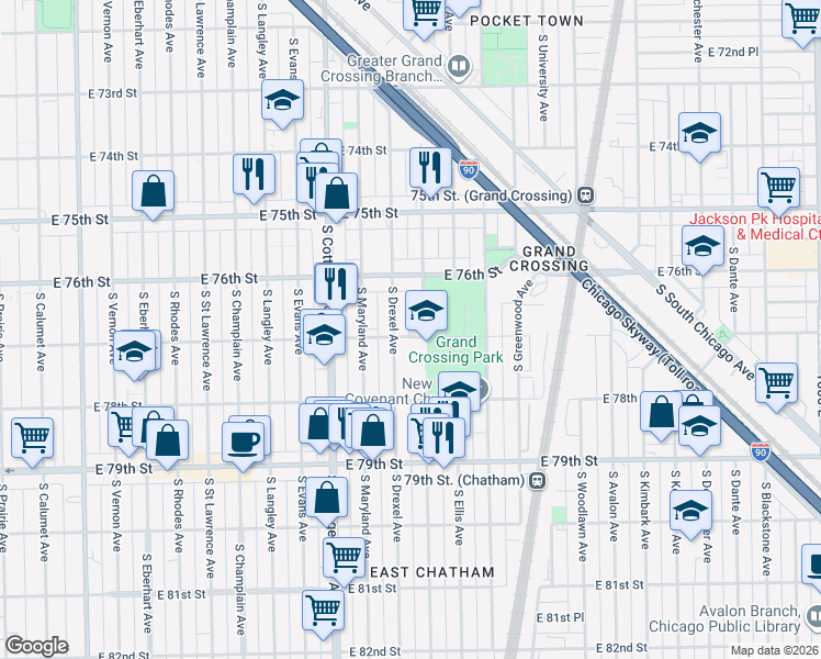 map of restaurants, bars, coffee shops, grocery stores, and more near 7648 South Ingleside Avenue in Chicago
