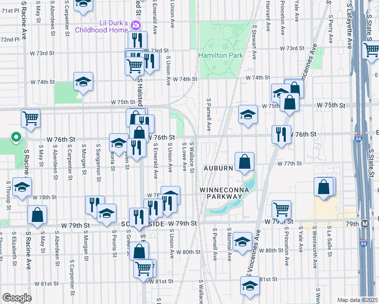 map of restaurants, bars, coffee shops, grocery stores, and more near 7618 South Lowe Avenue in Chicago