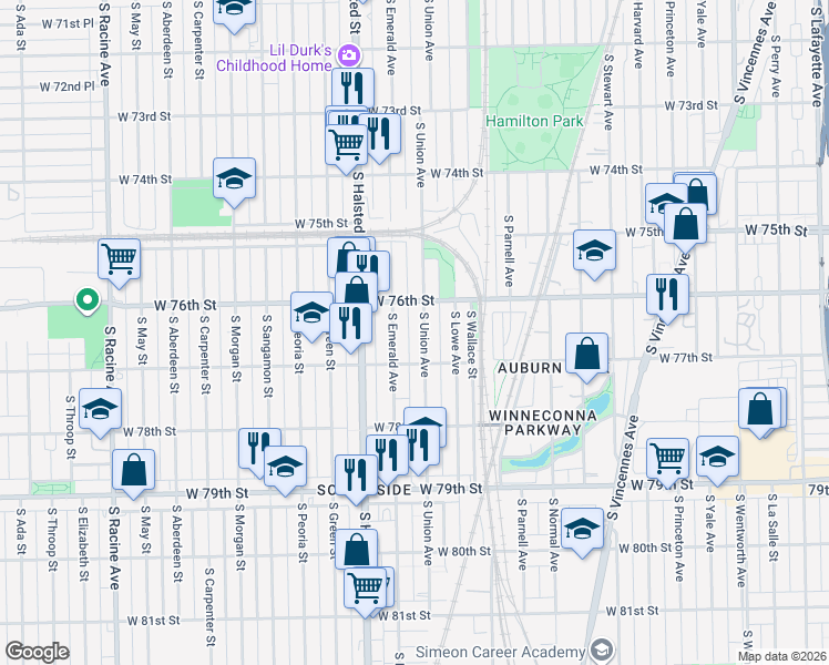 map of restaurants, bars, coffee shops, grocery stores, and more near 7620 South Union Avenue in Chicago