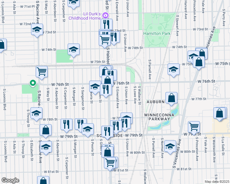 map of restaurants, bars, coffee shops, grocery stores, and more near 7618 South Emerald Avenue in Chicago