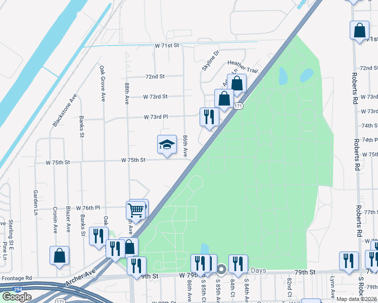 map of restaurants, bars, coffee shops, grocery stores, and more near 7448 86th Avenue in Justice