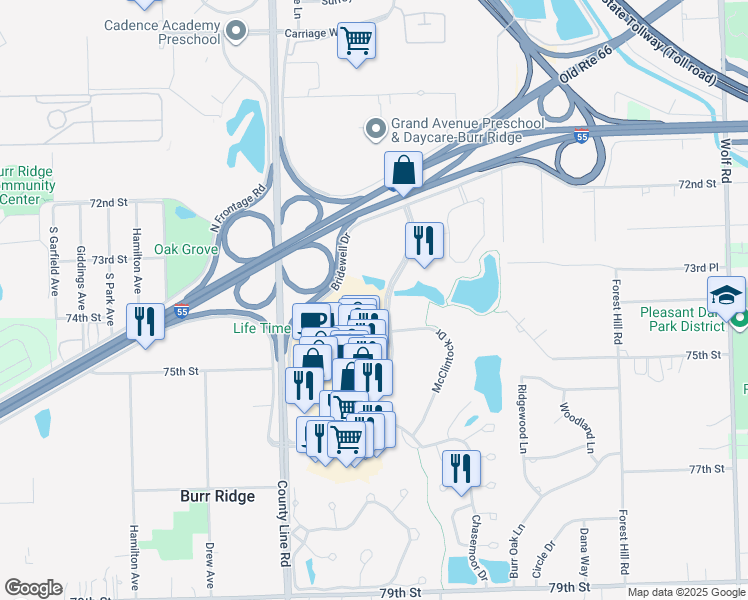 map of restaurants, bars, coffee shops, grocery stores, and more near 850 Village Center Drive in Burr Ridge