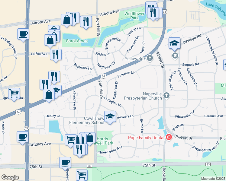 map of restaurants, bars, coffee shops, grocery stores, and more near 823 Fieldcrest Drive in Naperville