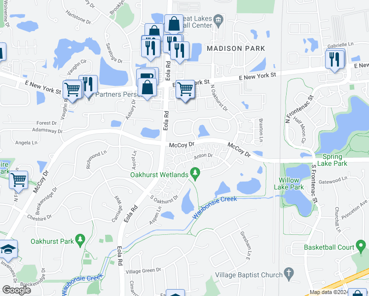 map of restaurants, bars, coffee shops, grocery stores, and more near 2962 Waters Edge Circle in Aurora