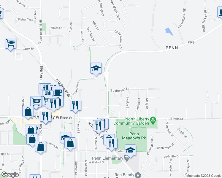 map of restaurants, bars, coffee shops, grocery stores, and more near 30 Jefferson Street in North Liberty