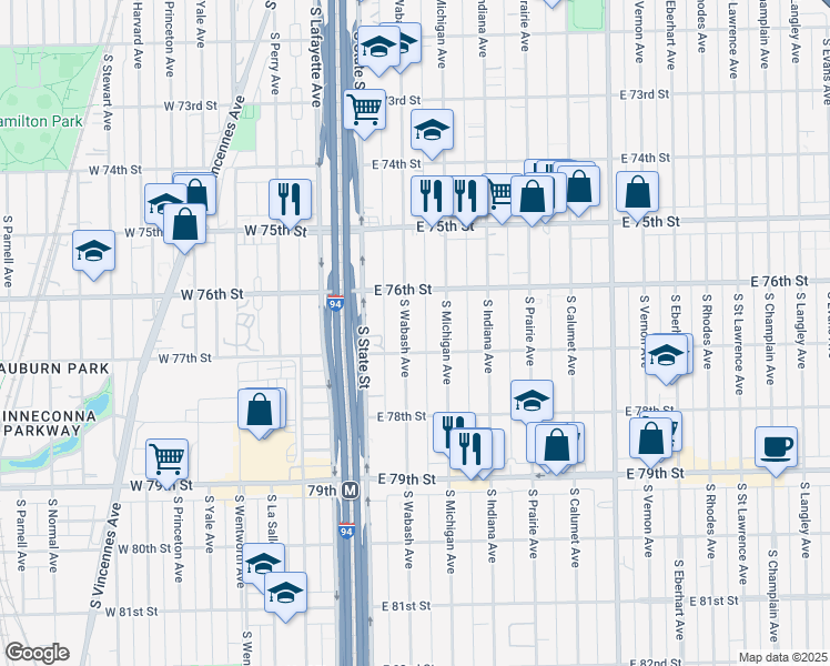 map of restaurants, bars, coffee shops, grocery stores, and more near 7631 South Wabash Avenue in Chicago