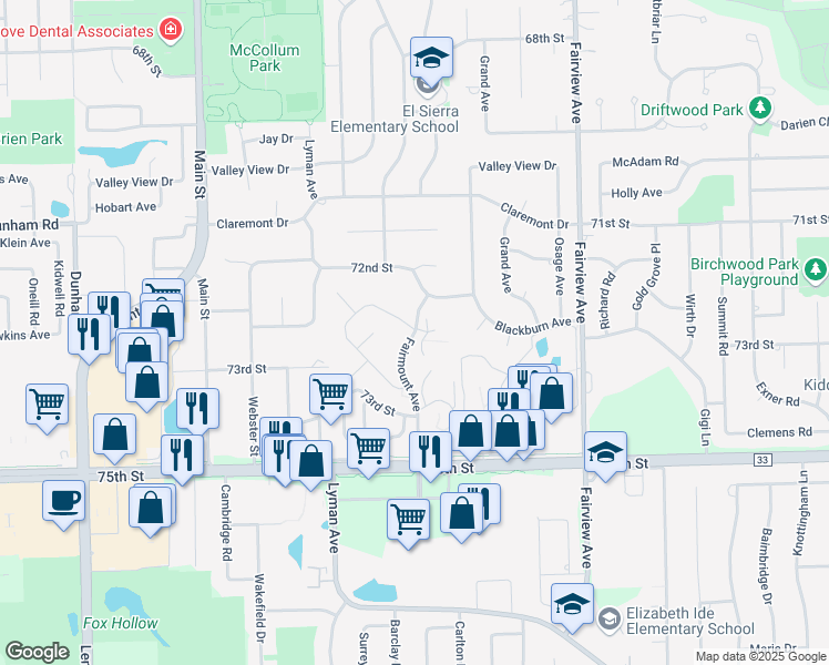 map of restaurants, bars, coffee shops, grocery stores, and more near 7333 Fairmount Avenue in Downers Grove