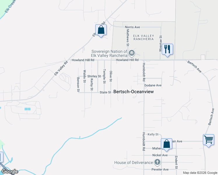 map of restaurants, bars, coffee shops, grocery stores, and more near 233 Olive Street in Crescent City