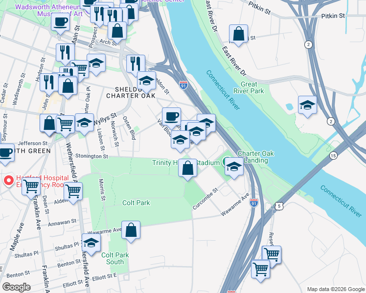 map of restaurants, bars, coffee shops, grocery stores, and more near 131 Huyshope Avenue in Hartford