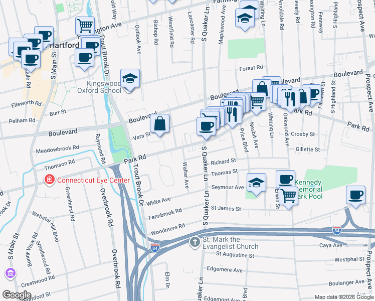 map of restaurants, bars, coffee shops, grocery stores, and more near 369 Park Road in West Hartford