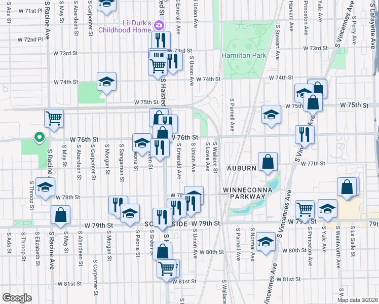 map of restaurants, bars, coffee shops, grocery stores, and more near 7620 South Union Avenue in Chicago