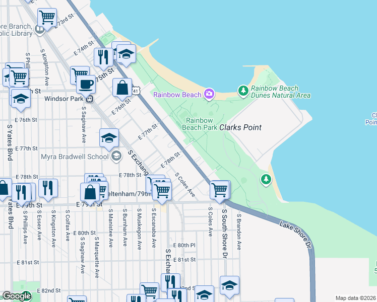 map of restaurants, bars, coffee shops, grocery stores, and more near 7801 South South Shore Drive in Chicago