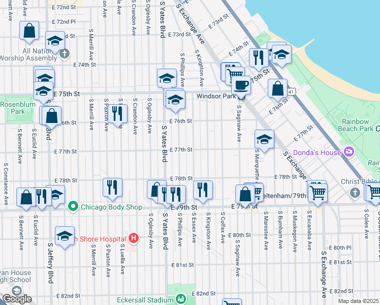 map of restaurants, bars, coffee shops, grocery stores, and more near 7700 South Essex Avenue in Chicago