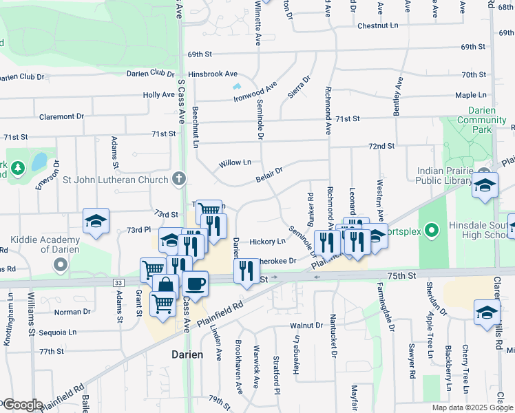 map of restaurants, bars, coffee shops, grocery stores, and more near 1005 Timber Lane in Darien