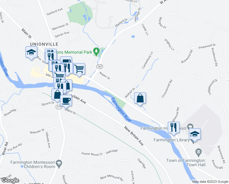 map of restaurants, bars, coffee shops, grocery stores, and more near 1736 Farmington Avenue in Farmington