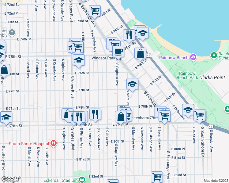 map of restaurants, bars, coffee shops, grocery stores, and more near 2608 East 77th Street in Chicago