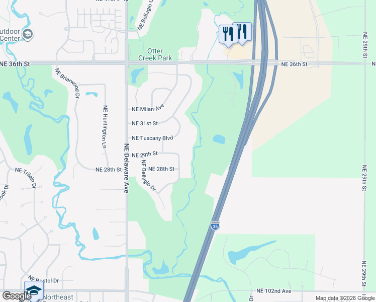 map of restaurants, bars, coffee shops, grocery stores, and more near 1319 Northeast Tuscany Boulevard in Ankeny