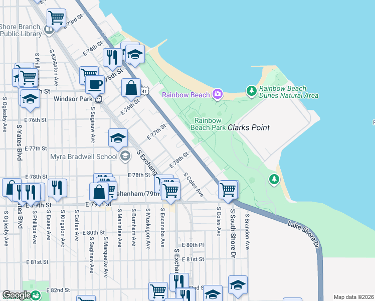 map of restaurants, bars, coffee shops, grocery stores, and more near 7770 South South Shore Drive in Chicago