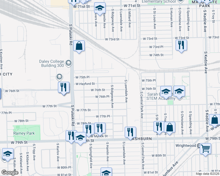 map of restaurants, bars, coffee shops, grocery stores, and more near 3767 West Hayford Street in Chicago
