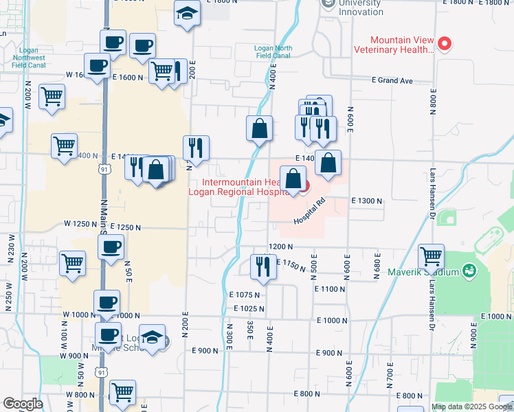 map of restaurants, bars, coffee shops, grocery stores, and more near 1283 North 400 East in Logan