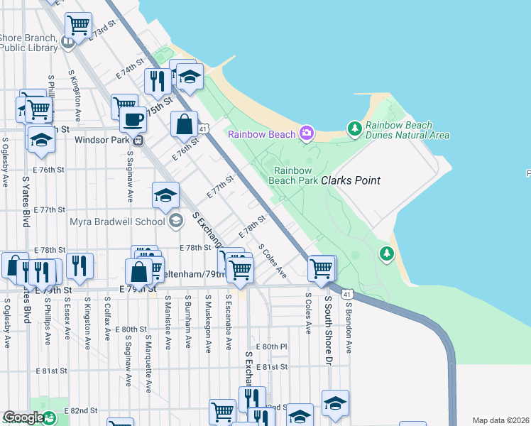 map of restaurants, bars, coffee shops, grocery stores, and more near 7770 South South Shore Drive in Chicago