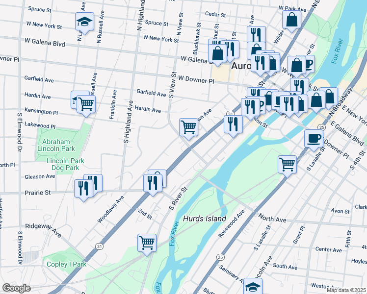 map of restaurants, bars, coffee shops, grocery stores, and more near 312 Woodlawn Avenue in Aurora